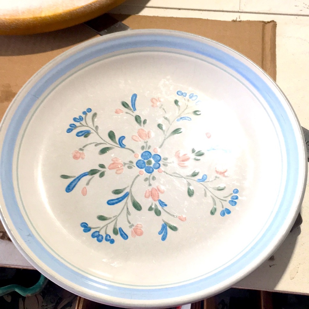 3 vintage Fascino Stoneware Japan 10 1/2” dinner plates blues on white